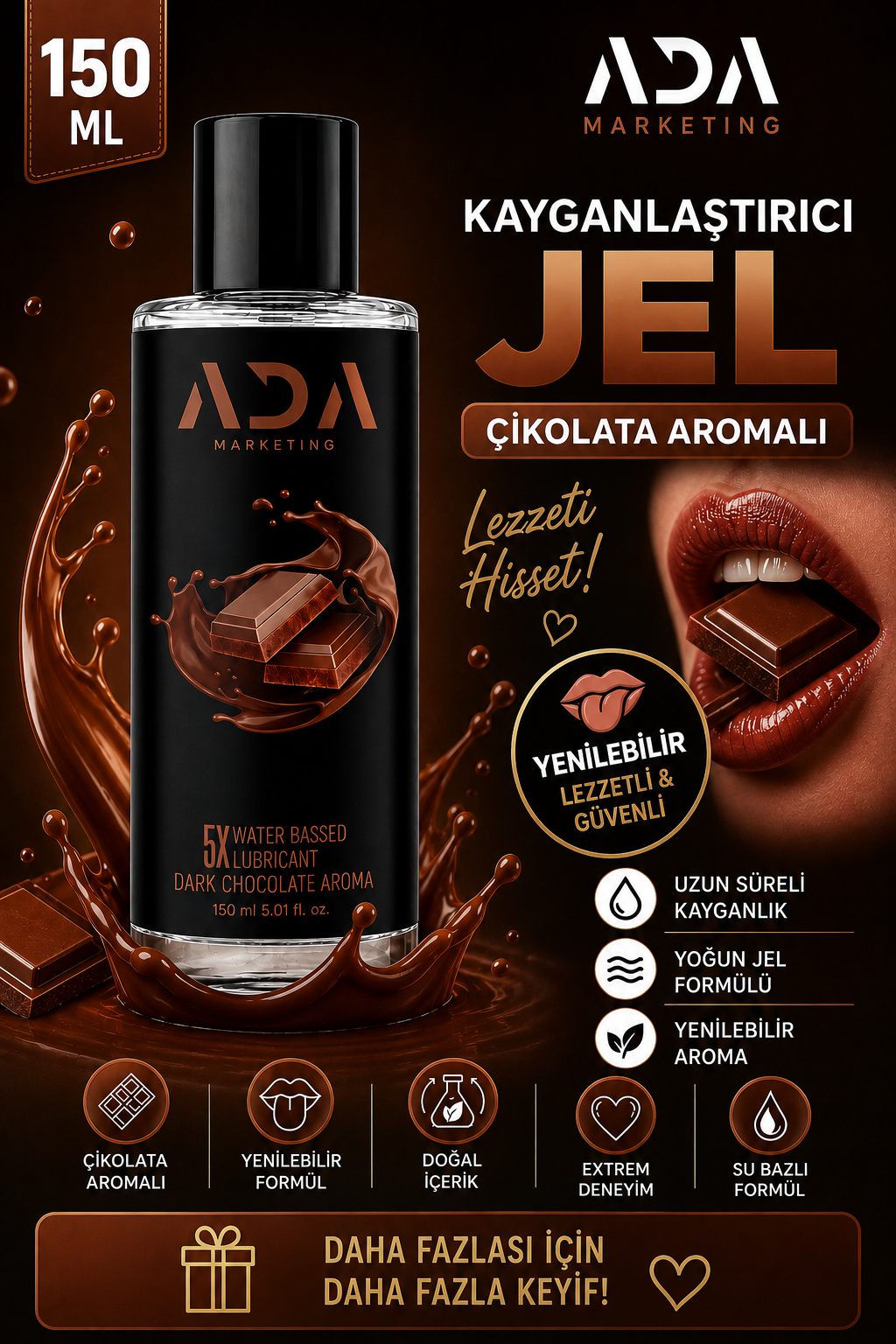 Çikolata Aromalı Yenilebilir Kayganlaştırıcı Jel 150 ML | ADA Marketing