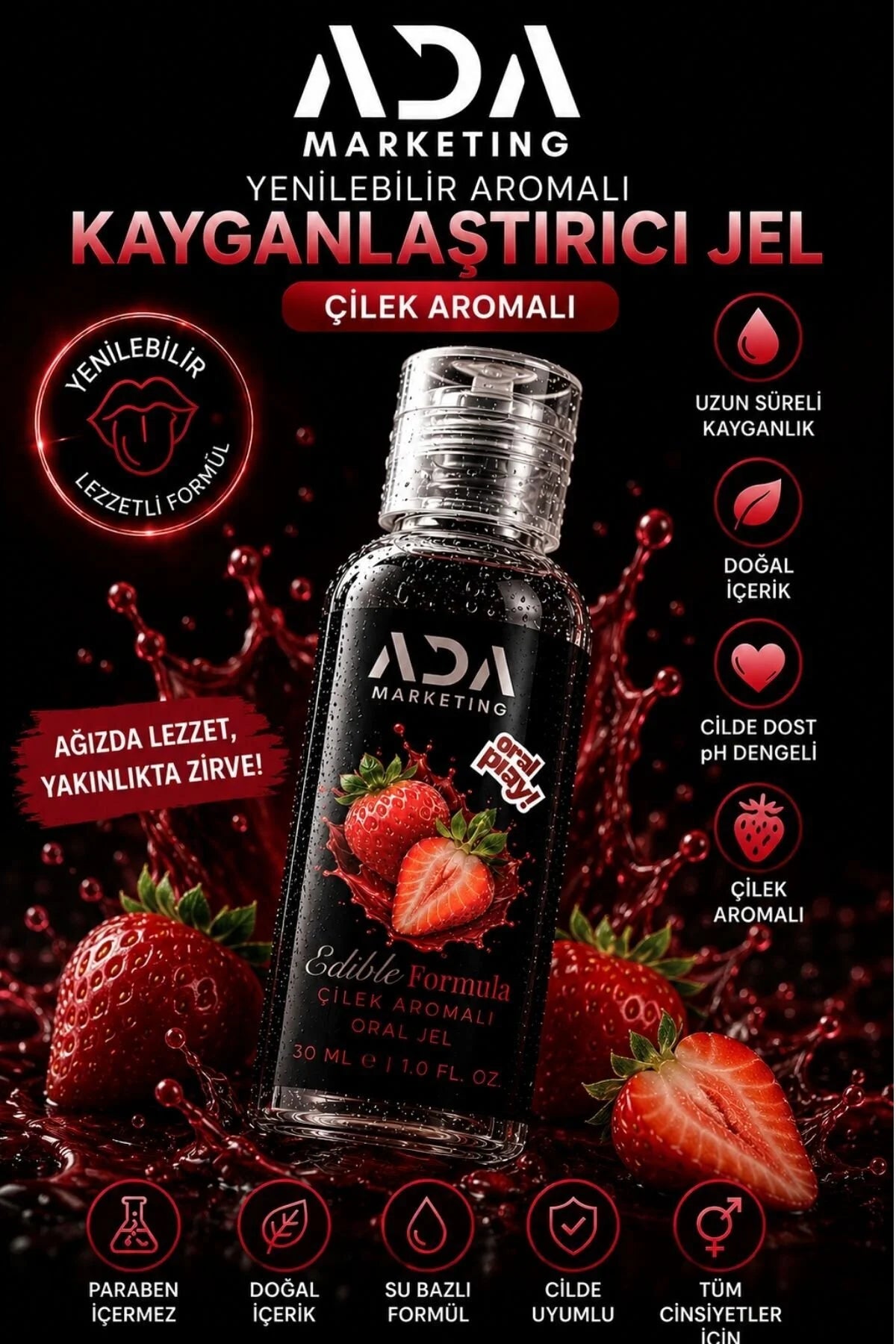 Çilek Aromalı Yenilebilir Kayganlaştırıcı Jel 30 ML | ADA Marketing